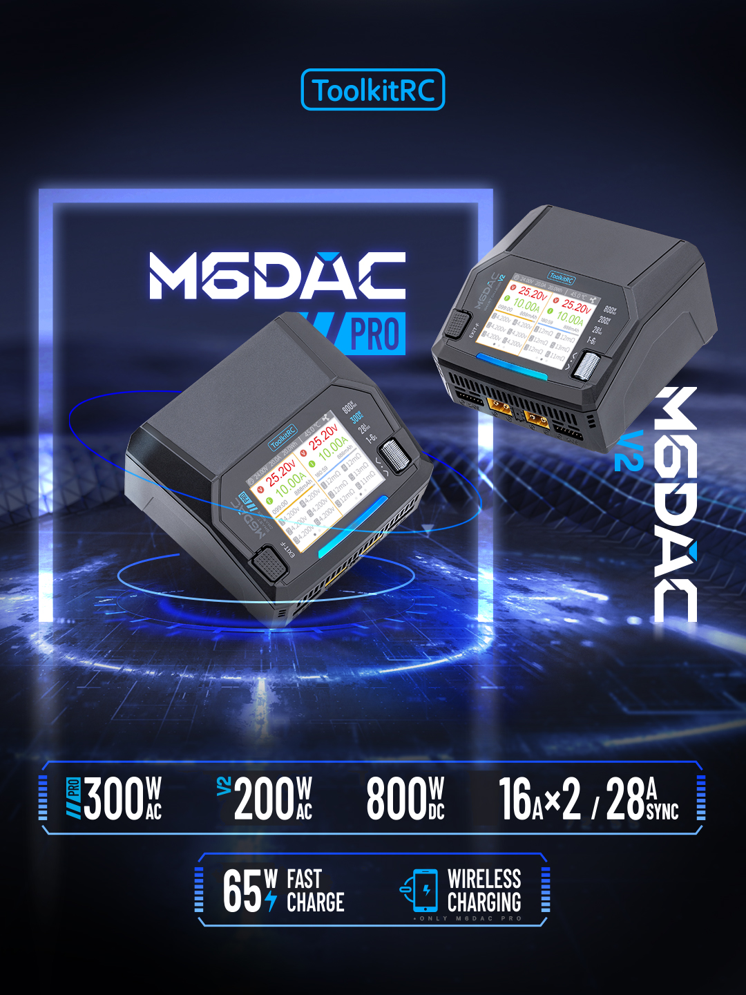 ToolkitRC M6DAC PRO V2 Dual Channel Smart Lipo Battery Charger Discharger AC 300W DC 800W 16A 1-6S LiHV LiPo PD65W Drone