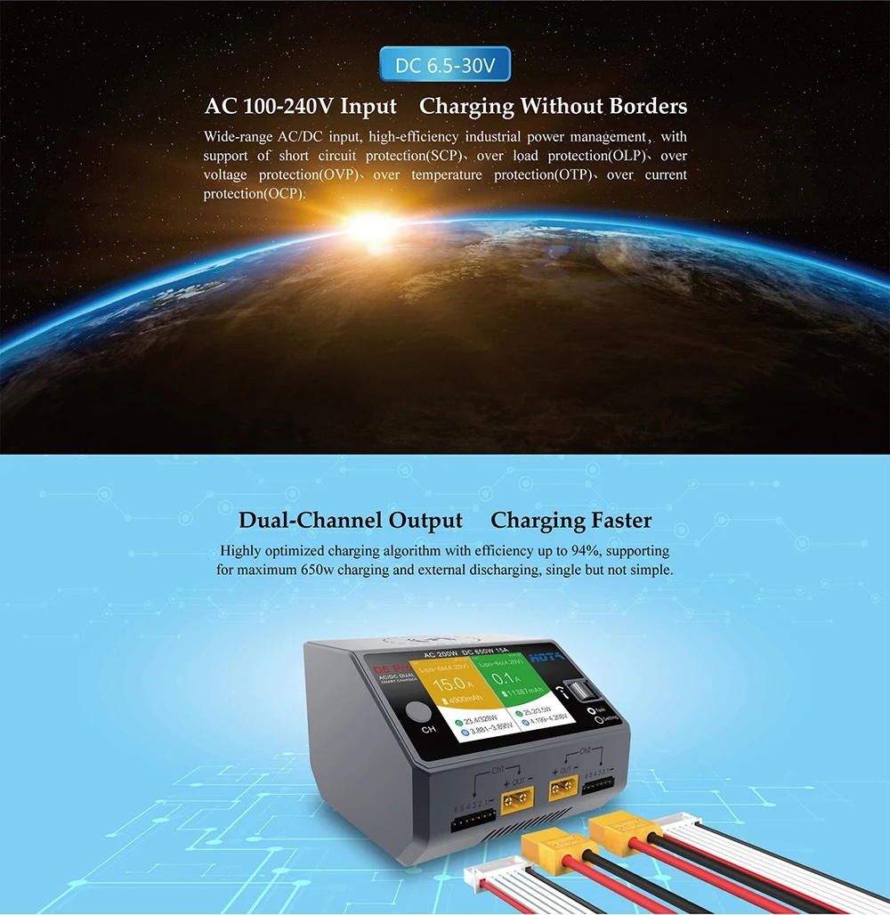 HOTA D6 Pro AC200W DC650W High Power Smart Lipoแบตเตอรี่เครื่องชาร์จประจุสำหรับ RC Drone อะไหล่อุปกรณ์ โดรน Drone