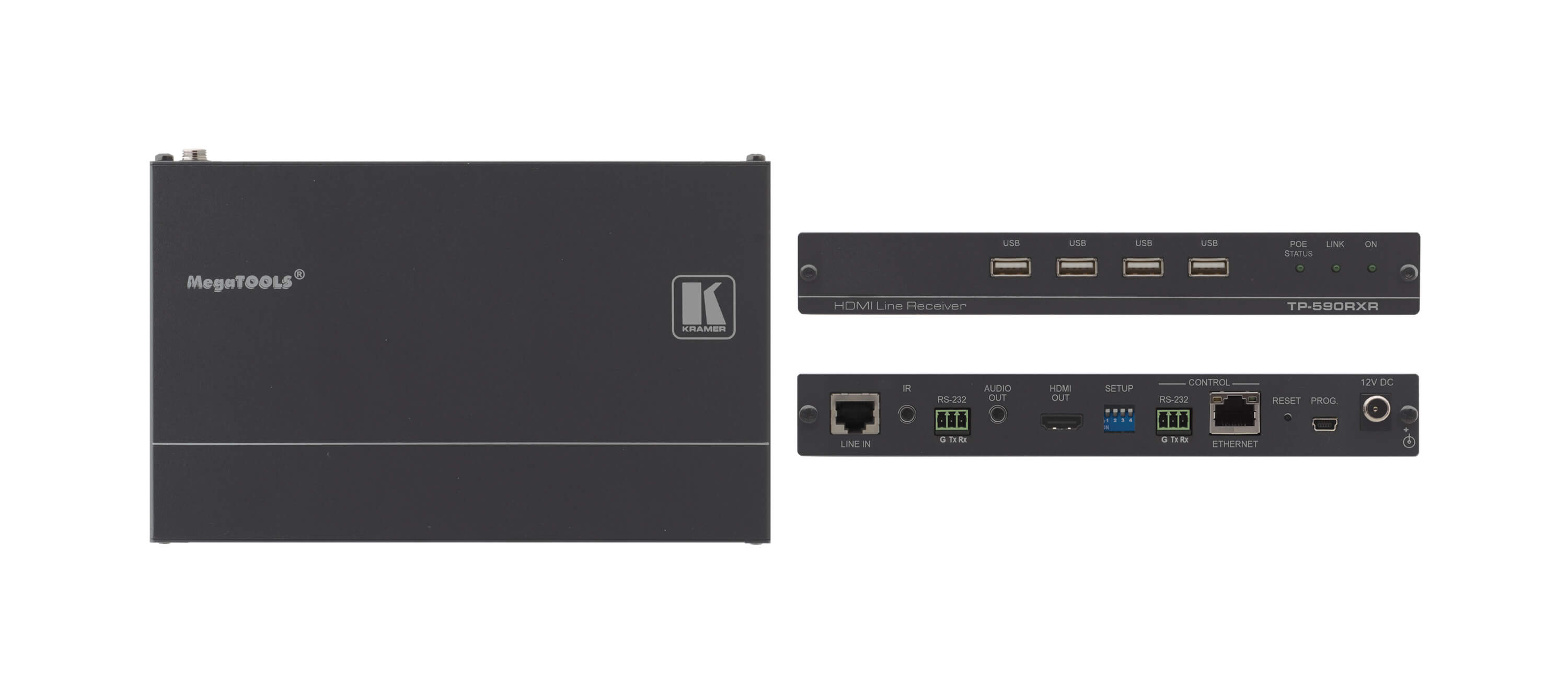 Kramer TP-590RXR 4K60 4:2:0 HDMI PoE Receiver with USB, Ethernet, RS–232, IR & Stereo Audio De–embedding over Extended–Reach HDBaseT 2.0