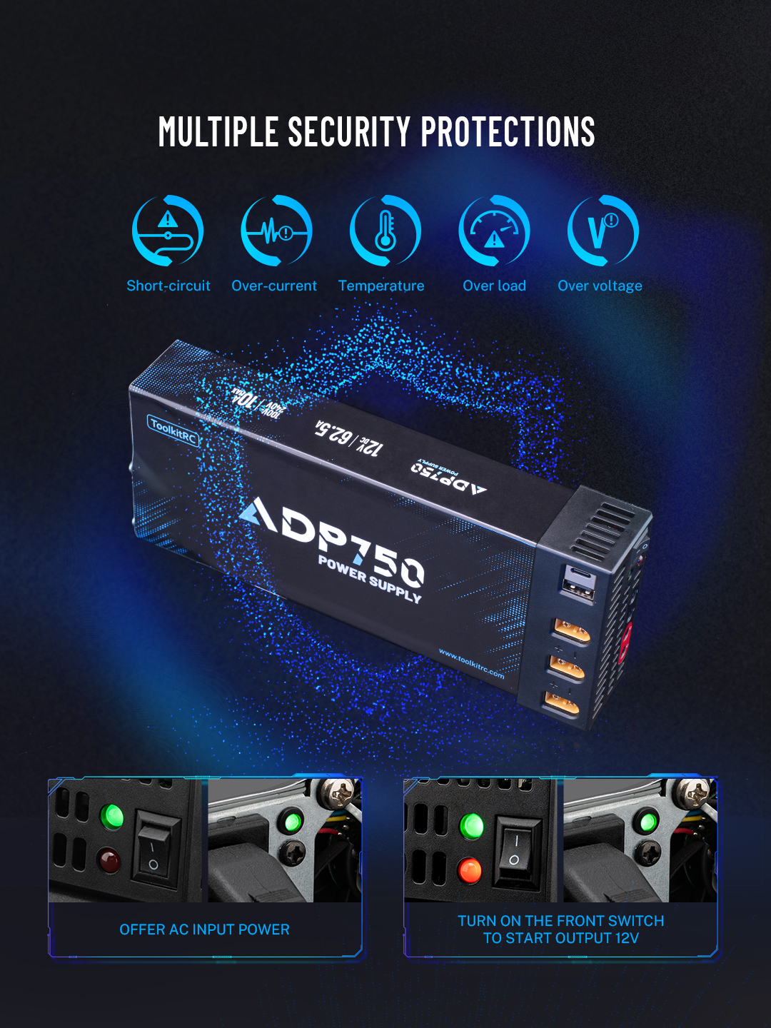 ToolkitRC ADP ADP750 750W 12V 62.5A 100-240V AC to 12V DC power supply จ่ายไฟอัจฉริยะ 7 พอร์ต มีพัดลม ToolkitRC M6D M7