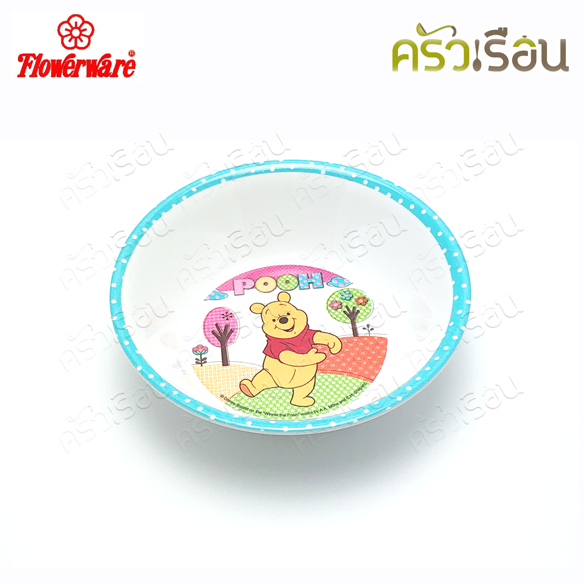 Flowerware ลาย Pooh Blue Spot white หมีพูห์ พูห์ บลู สปอต ไวท์ [ ราคาต่อชิ้น ] ชาม หรือ แก้วน้ำ หรือ ถาดหลุม เมลามีน
