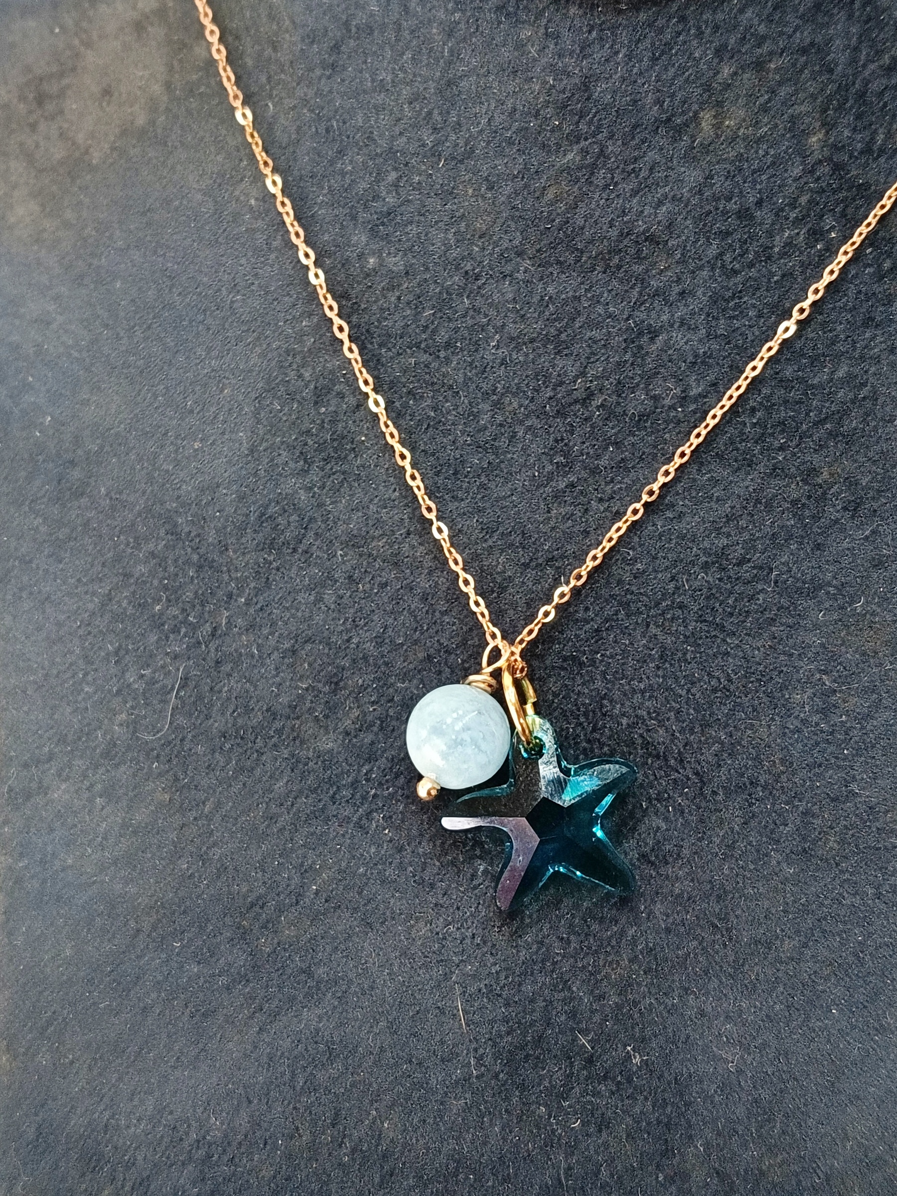 สร้อยจี้หินแท้ ฺ Aquamarine + Starfish Crystal Pendant Necklace (เสริมปลุกไฟการสื่อสาร เสริมความอดทน ผ่อนคลายความเครียด)