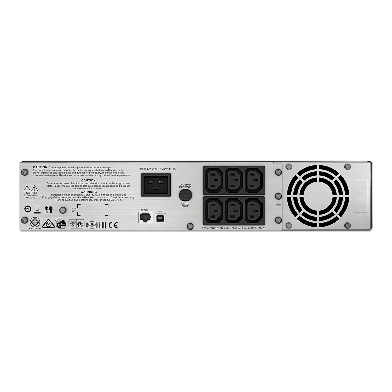 APC Smart-UPS C, Line Interactive, 2000VA, Rackmount 2U, 230V, 6x IEC C13 outlets, USB and Serial communication, AVR, Graphic LCD SMC2000I-2U