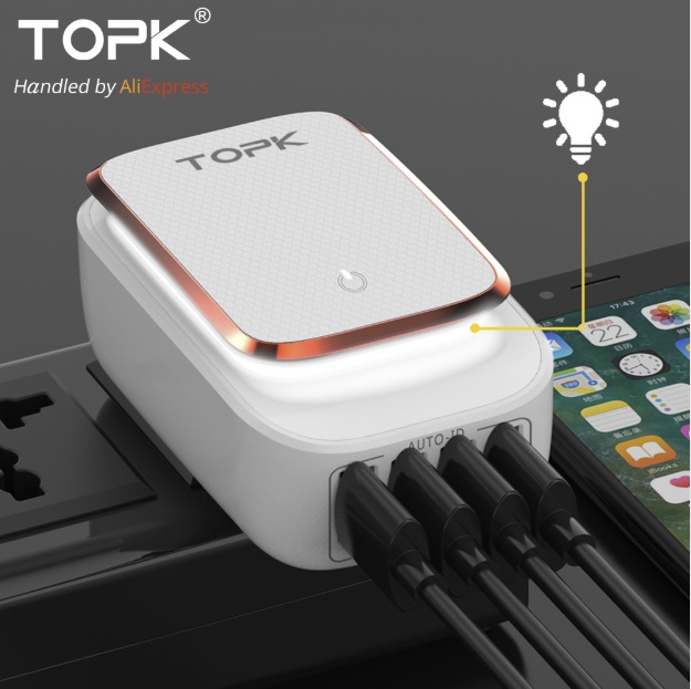 TOPK L-Power 4-Port 4.4A(Max) 22W EU USB Charger Adapter LED Lamp Auto-ID Portable Phone Travel Wall Charger for iPhone Samsung
