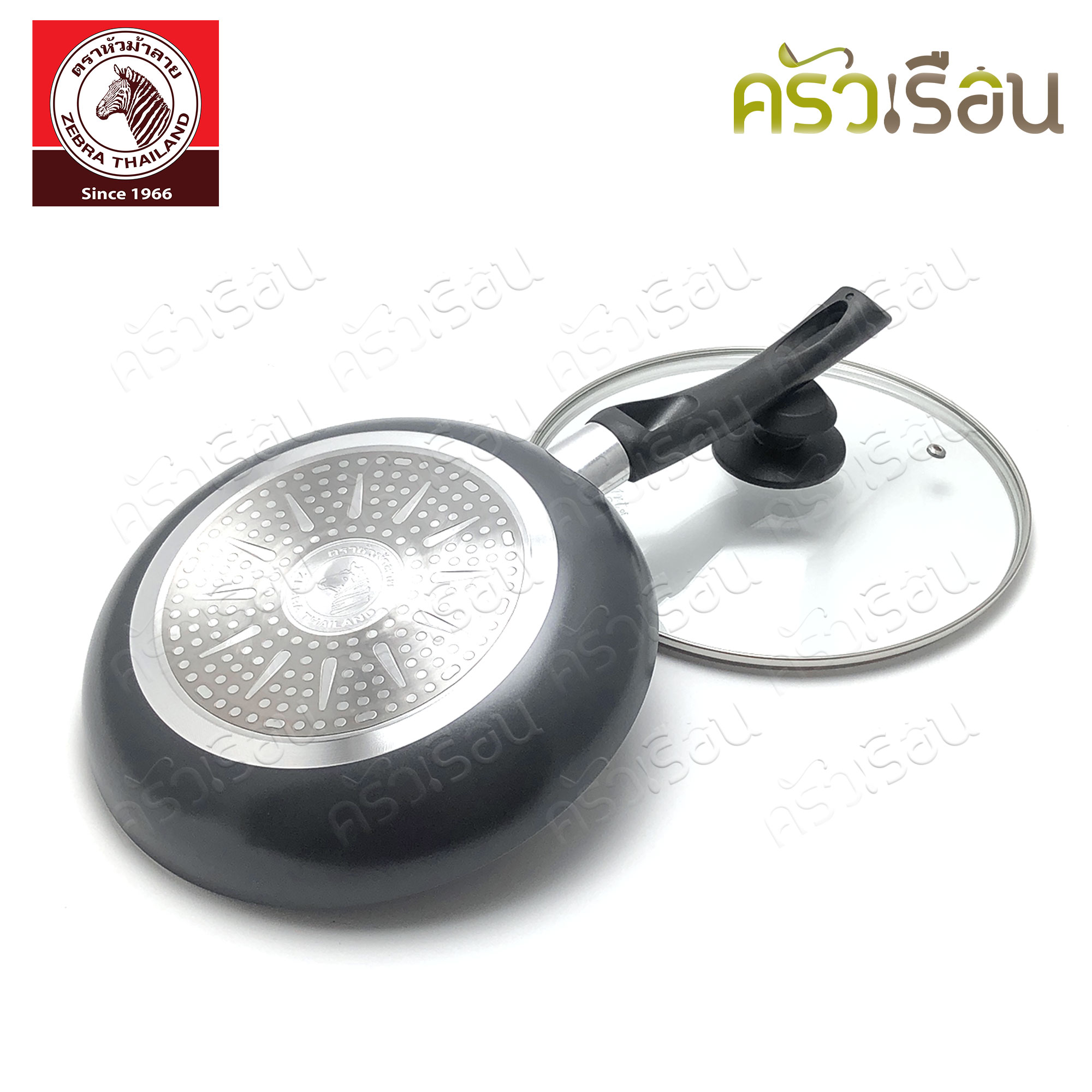 Zebra กระทะด้าม นอนสติ๊ก Wisdom 24 ซม. ลึก IH ฝาแก้ว แถมฟรีตะหลิวไม้ ตราหัวม้าลาย 174640