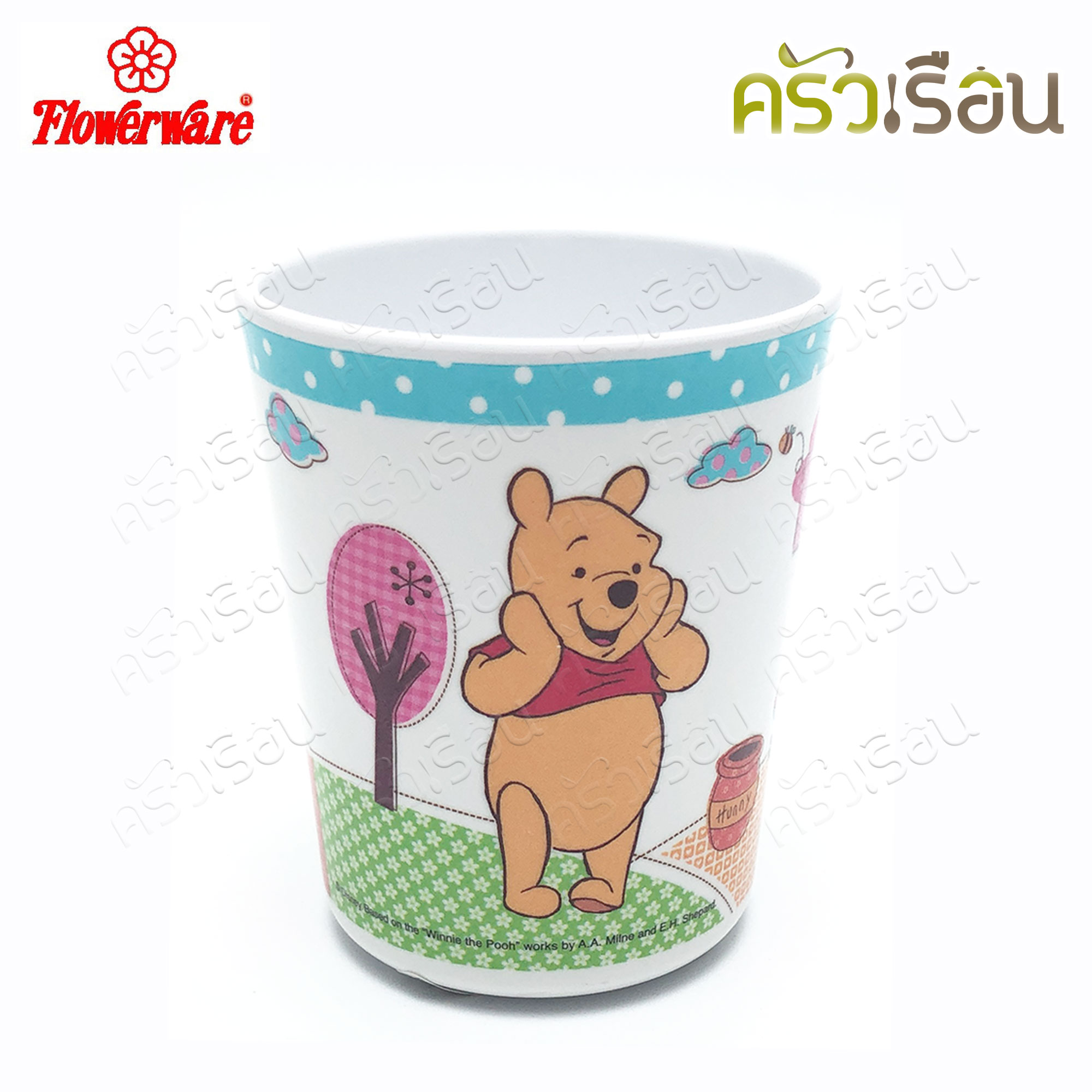 Flowerware ลาย Pooh Blue Spot white หมีพูห์ พูห์ บลู สปอต ไวท์ [ ราคาต่อชิ้น ] ชาม หรือ แก้วน้ำ หรือ ถาดหลุม เมลามีน