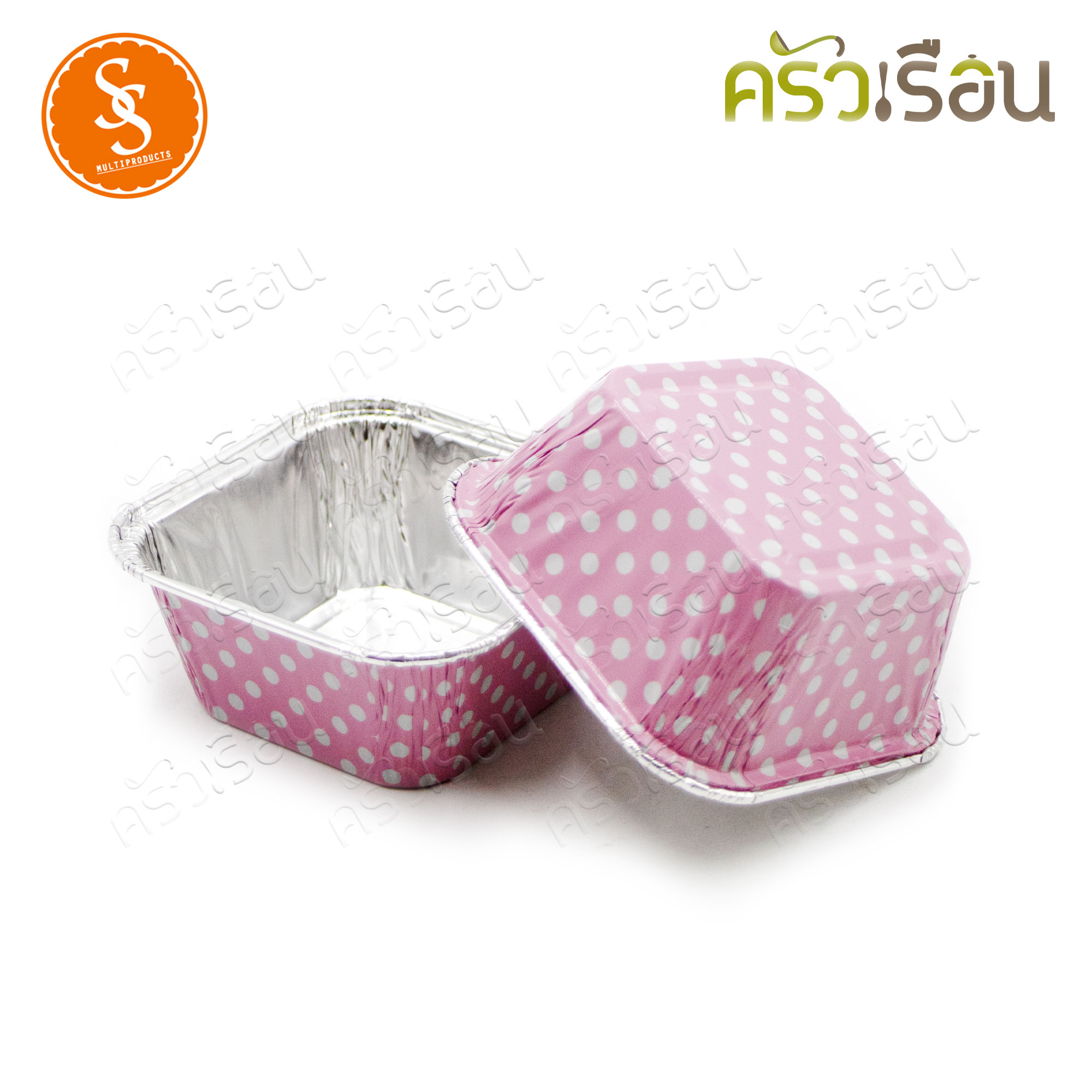 SS 4001 ถาดฟอยล์เหลี่ยม จตุรัส สีชมพูลายจุุดขาว + ฝา 10 ชุด ความจุ 90 ml. ขนาด 76 x 52 x 30 มม. ถาดฟอล์ย