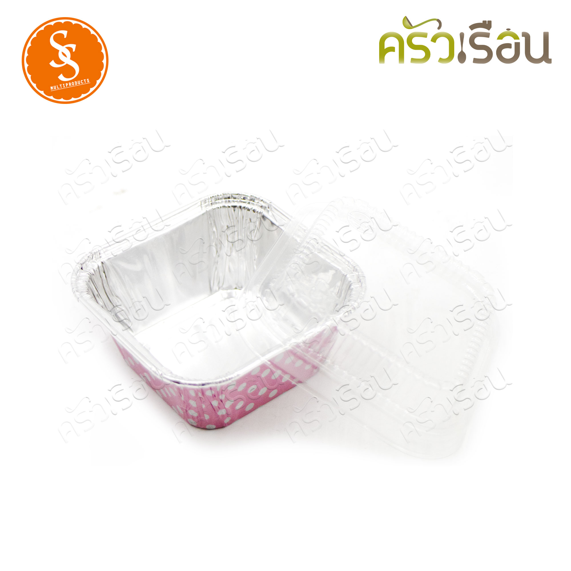 SS 4001 ถาดฟอยล์เหลี่ยม จตุรัส สีชมพูลายจุุดขาว + ฝา 10 ชุด ความจุ 90 ml. ขนาด 76 x 52 x 30 มม. ถาดฟอล์ย