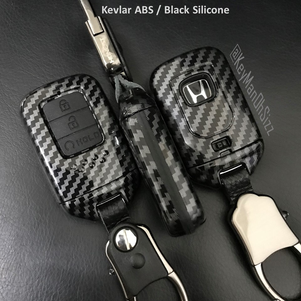 เคสรีโมทรถลายเคฟล่า Honda Smart Key สามารถดึงกุญแจได้ (Kevlar ABS / Black Silicone Push button Guard) Model Honda Accord, CRV, HRV, Civic, City Smart Key 10 Generation Smart Key 3 และ 4 ปุ่ม