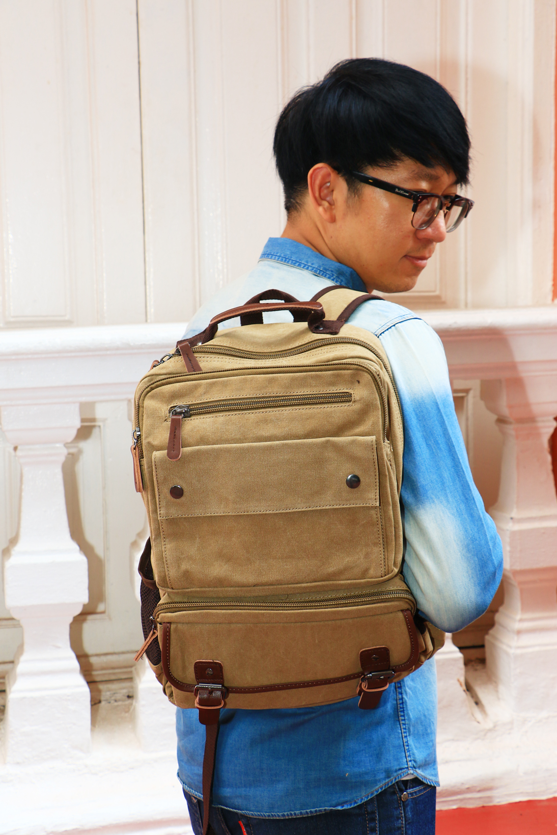 กระเป๋าเป้สะพายหลัง Outdoor Vintage Style สีน้ำเงิน ยีน B089