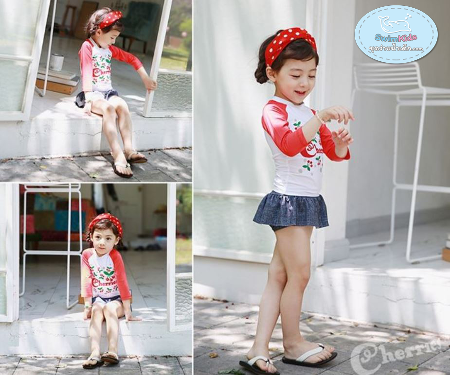 ชุดว่ายน้ำเด็กผู้หญิง ลายเชอรี่สีแดง Cherries แขนสามส่วน กระโปรงกางเกงลายยีนส์ ไม่มีหมวก