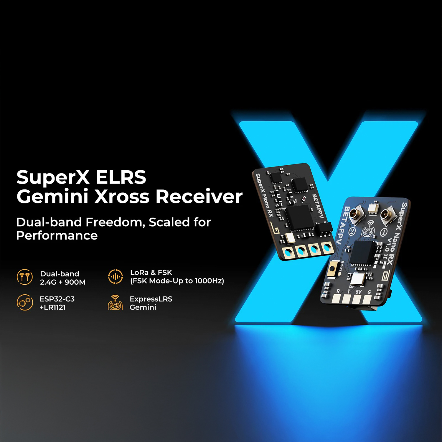 Betafpv SuperX ELRS Gemini Xross Receiver รีซีฟเวอร์รับสัญญาณคู่ ความเสถียรสูง สำหรับ FPV Drone