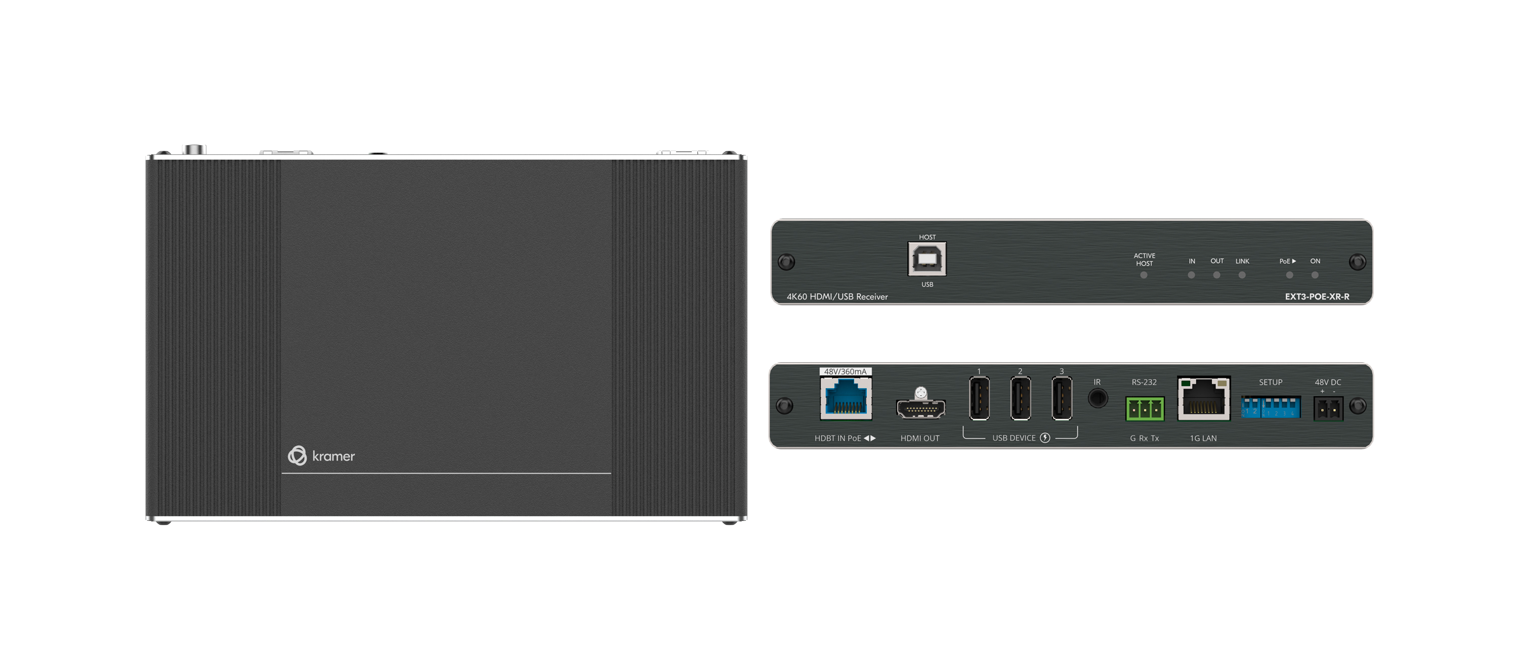 Kramer EXT3-POE-XR-R 4K60 4:4:4 Receiver with Bidirectional PoE, USB, Ethernet, RS–232, & IR over Extended–Reach HDBaseT 3.0