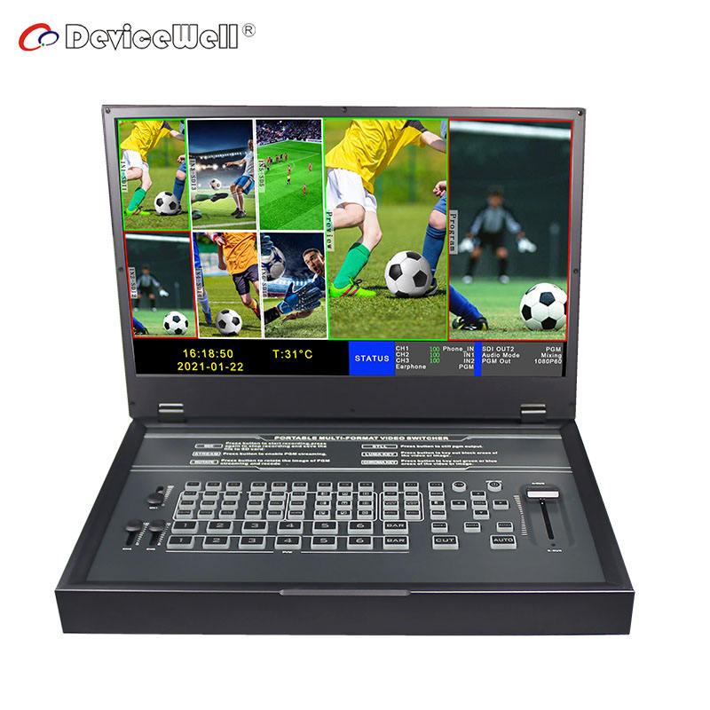 DeviceWell HDS9336: เครื่องสลับสัญญาณวิดีโอ 6 ช่อง HD SDI พกพา พร้อมจอ LCD 15.6 นิ้วในตัว, T-Bar และ Audio Faders สำหรับ Live Production มืออาชีพ