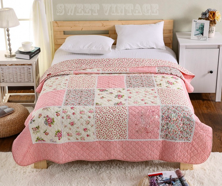 ผ้าห่ม ผ้าปูโซฟา ปูรองนั่ง คอทตอนแท้ งานควิลท์ชมพูครีม