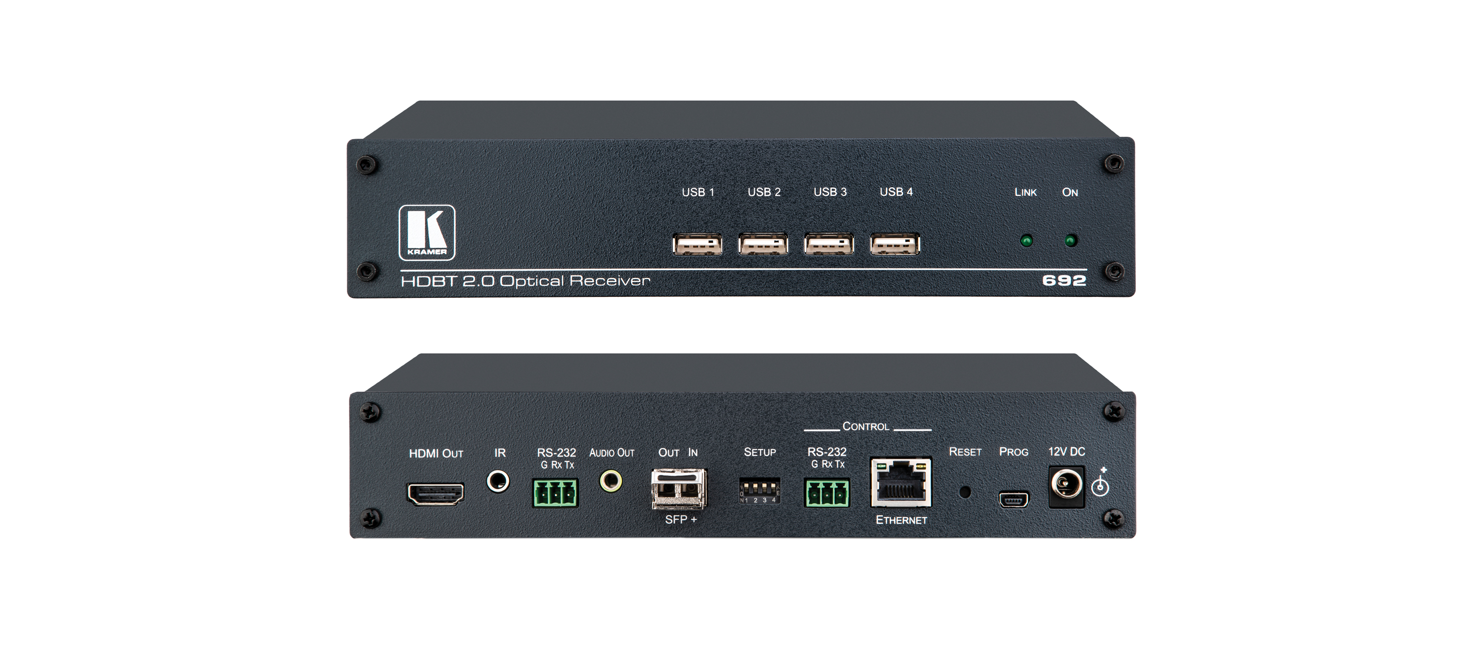 Kramer 692 4K60 4:2:0 HDMI MM/SM Fiber Optic Receiver with USB, Ethernet, RS–232, IR & Stereo Audio De–embedding over Ultra–Reach HDBaseT 2.0