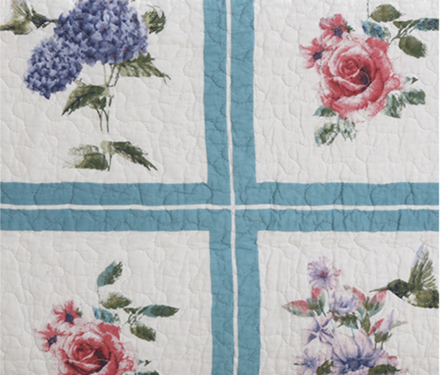 ชุดเครื่องนอนวินเทจ 3 ชิ้น งานควิลท์ สีขาวไฮเดรนเยีย ฮัมมิ่งเบิร์ด