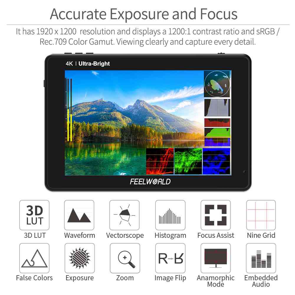 FEELWORLD LUT7S PRO: จอภาพ 7 นิ้ว 2200nits พร้อม 3D LUT, Touchscreen, 4K HDMI และ 3G-SDI สำหรับกล้อง DSLR และวิดีโอ