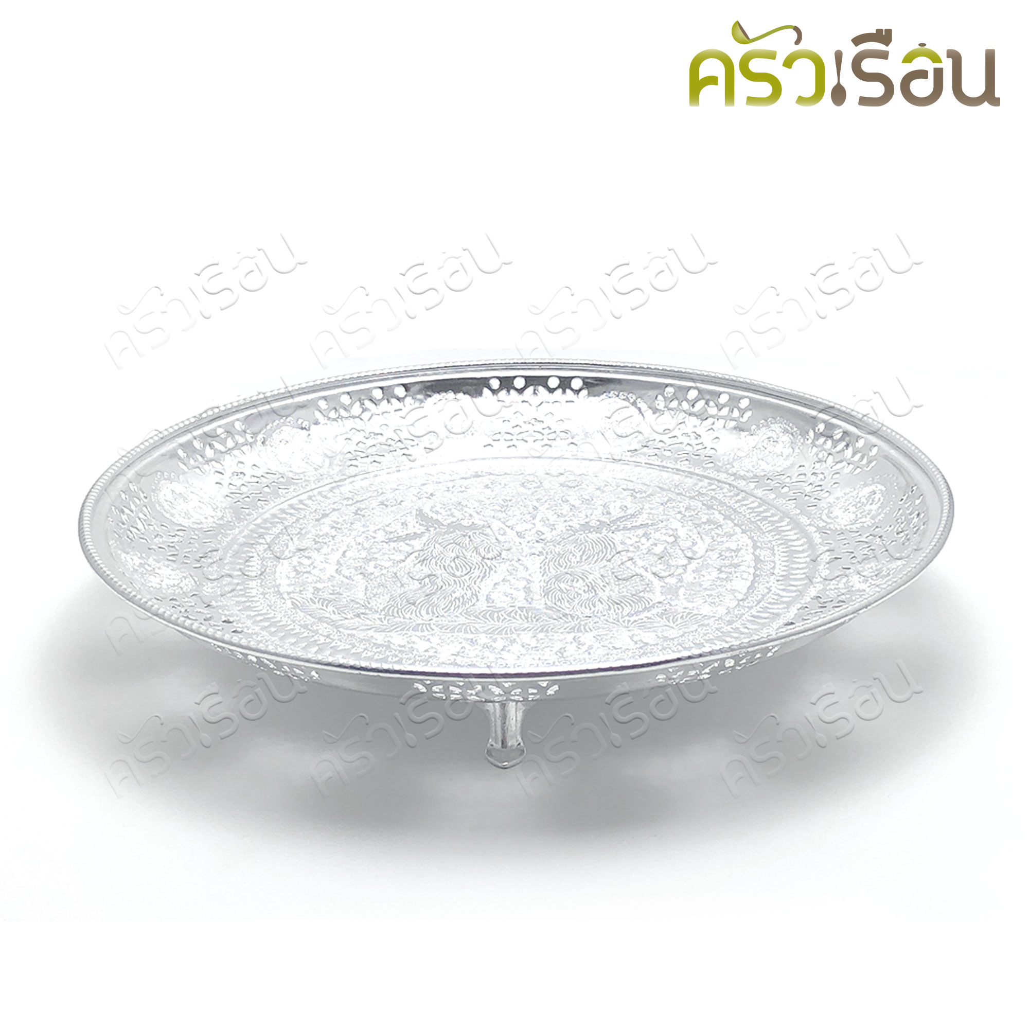 แมวน้ำ ถาดเม็ดมะยม ลายไทย สีเงิน 40 ซม. (วัดจริง 41.5 x 41.5 x 7.3 ซม.) ตราแมวน้ำ ถาด ถาดกลม ถาดฉลุลาย ถาดเงิน