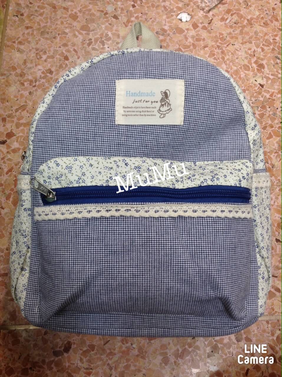 กระเป๋าเป้ผ้าสะพายหลัง mumu ขนาดกลาง ลายดอกไม้น้ำเงิน สก๊อตน้ำเงิน (Size เล็ก)