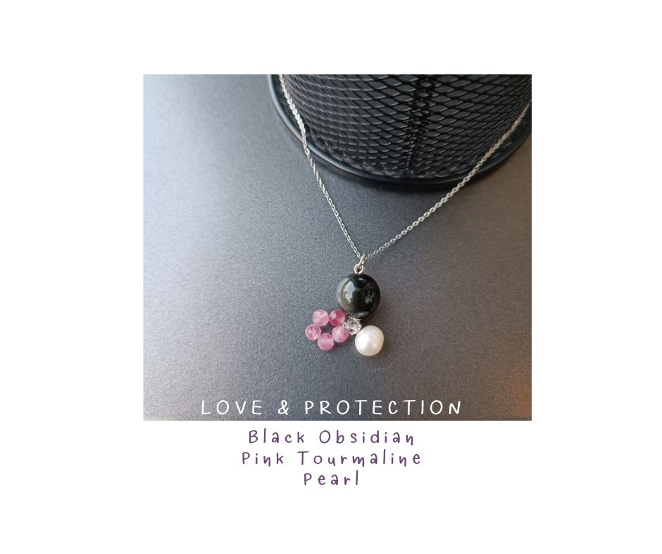 จี้หินแท้พร้อมสร้อย "Love & Protection" Black Obsidian+ Pink Tourmaline Necklace