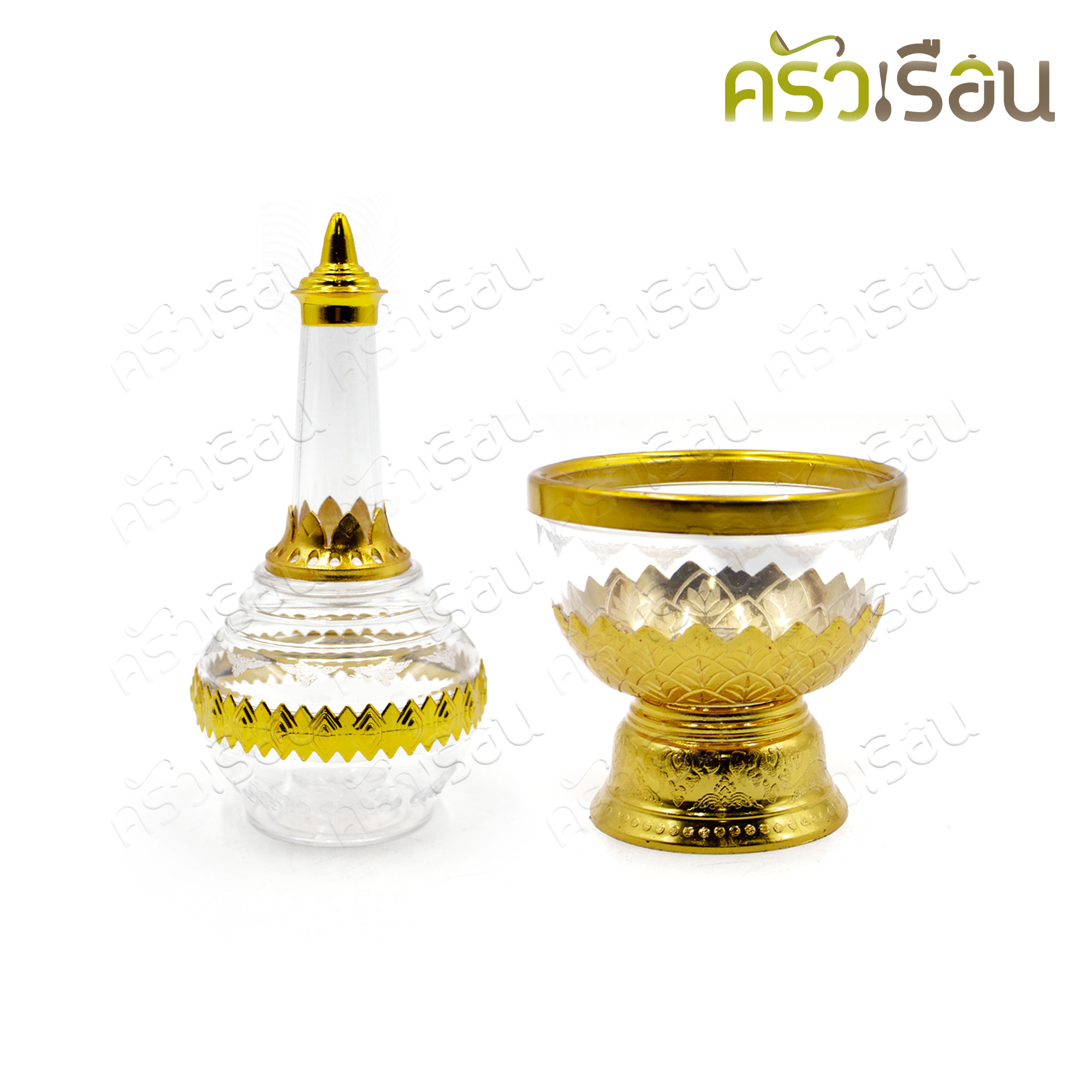 ตราบ้าน ชุดที่กรวดน้ำ พลาสติกใส สีทอง10 ซม. (ขนาดถ้วยรอง) ลายทิพย์สองกษัตริย์ สีทอง กรวดน้ำ ที่กรวดน้ำ