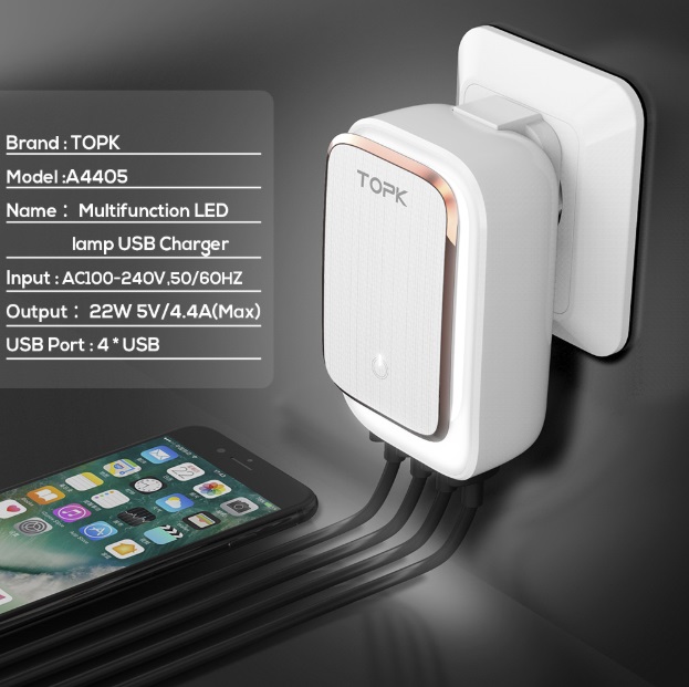 TOPK L-Power 4-Port 4.4A(Max) 22W EU USB Charger Adapter LED Lamp Auto-ID Portable Phone Travel Wall Charger for iPhone Samsung