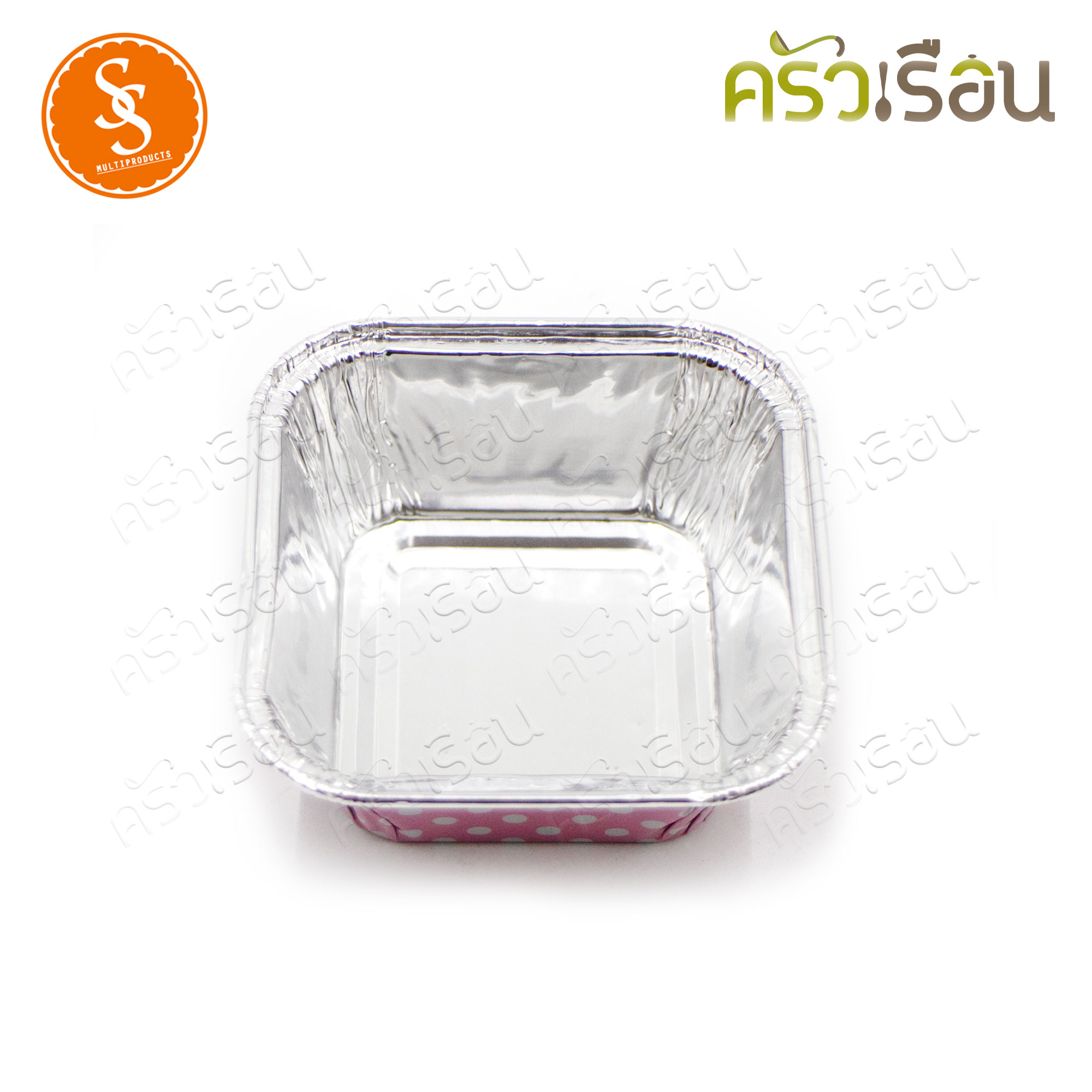 SS 4001 ถาดฟอยล์เหลี่ยม จตุรัส สีชมพูลายจุุดขาว + ฝา 10 ชุด ความจุ 90 ml. ขนาด 76 x 52 x 30 มม. ถาดฟอล์ย