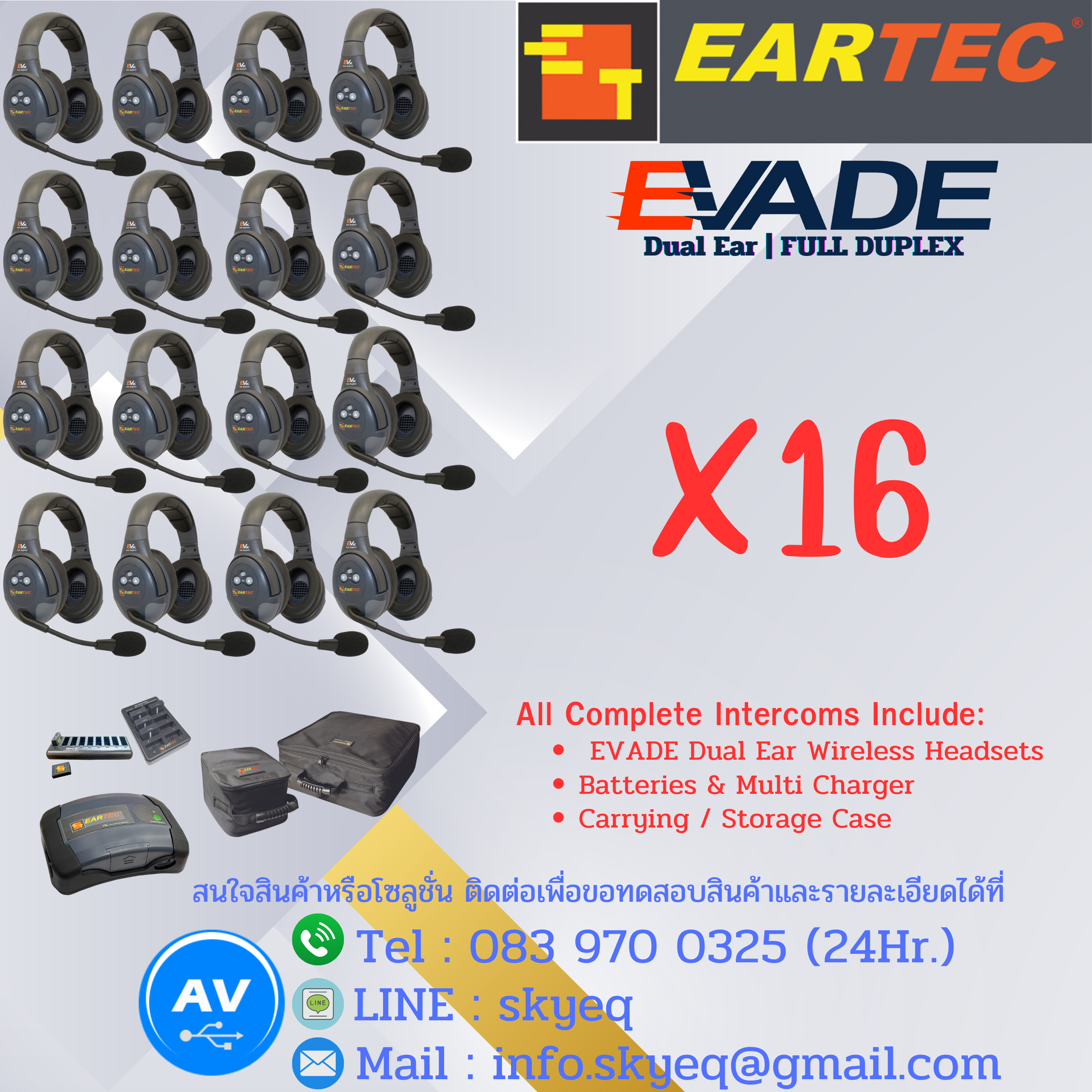 EVADE Double Channel Light Industrial Full Duplex Wireless System Dual Speaker Headsets – EVx16D-CM Four Double EVADE, One C-Mod, Batteries, Charger, Case