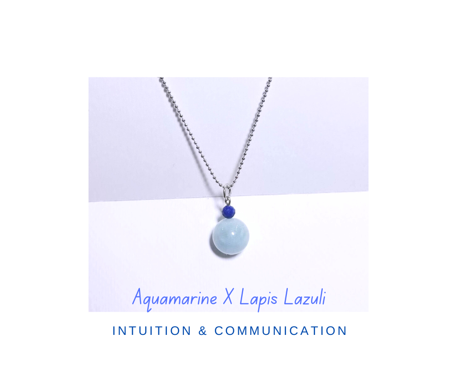จี้พร้อมสร้อย หินแท้ Aquamarine + Lapis Lazuli Necklace (เสริมการสื่อสาร เจรจาสำเร็จ)