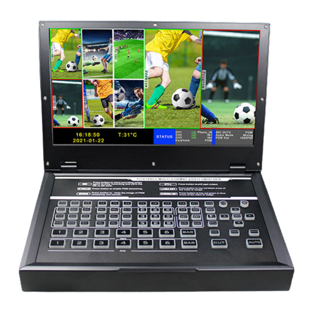 DeviceWell HDS9326: เครื่องสลับสัญญาณวิดีโอ Full HD 6 ช่อง (4x SDI, 2x HDMI) แบบ All-in-One พร้อมจอภาพ 11.6 นิ้ว (แนวตั้ง), บันทึก/สตรีมมิ่ง, Keying สำหรับ Broadcast และ Social Media Live Production