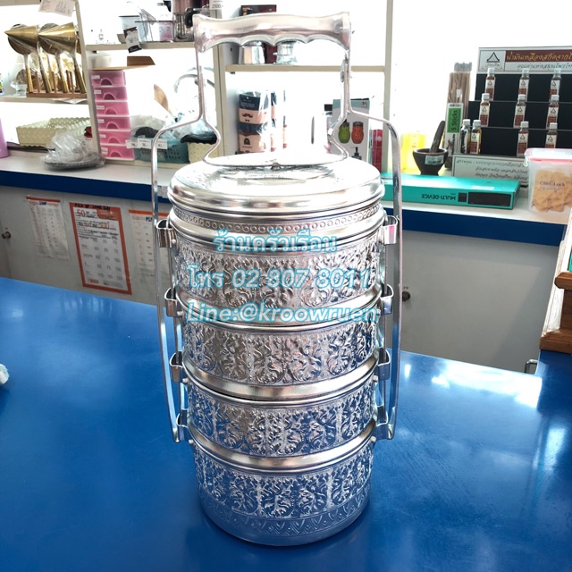 แมวน้ำ ปิ่นโตลายไทย 16 ซม. 4 ชั้น แถมชั้นเคียง ตราแมวน้ำ ปิ่นโต ปิ่นโตวัด