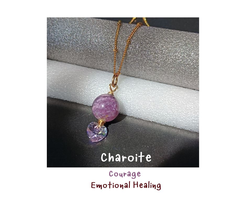 จี้พร้อมสร้อย หินแท้ Charoite + Crystal Heart Necklace (Emotional Healing ,เสริมความกล้า)