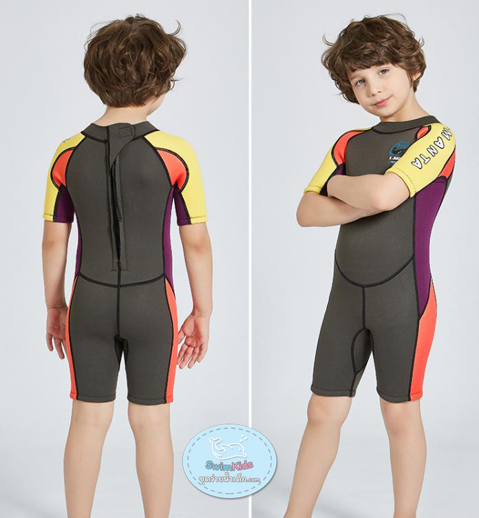 ชุดว่ายน้ำเด็กควบคุมอุณหภูมิ เป็นชุด wetsuit เหมาะกับการใส่ว่ายน้ำหรือดำน้ำ ผลิตจากผ้า Neoprene หนา 2.5 mm. ป้องกันความหนาว / ป้องกันรังสี UV Ultraviolet Protection UV **