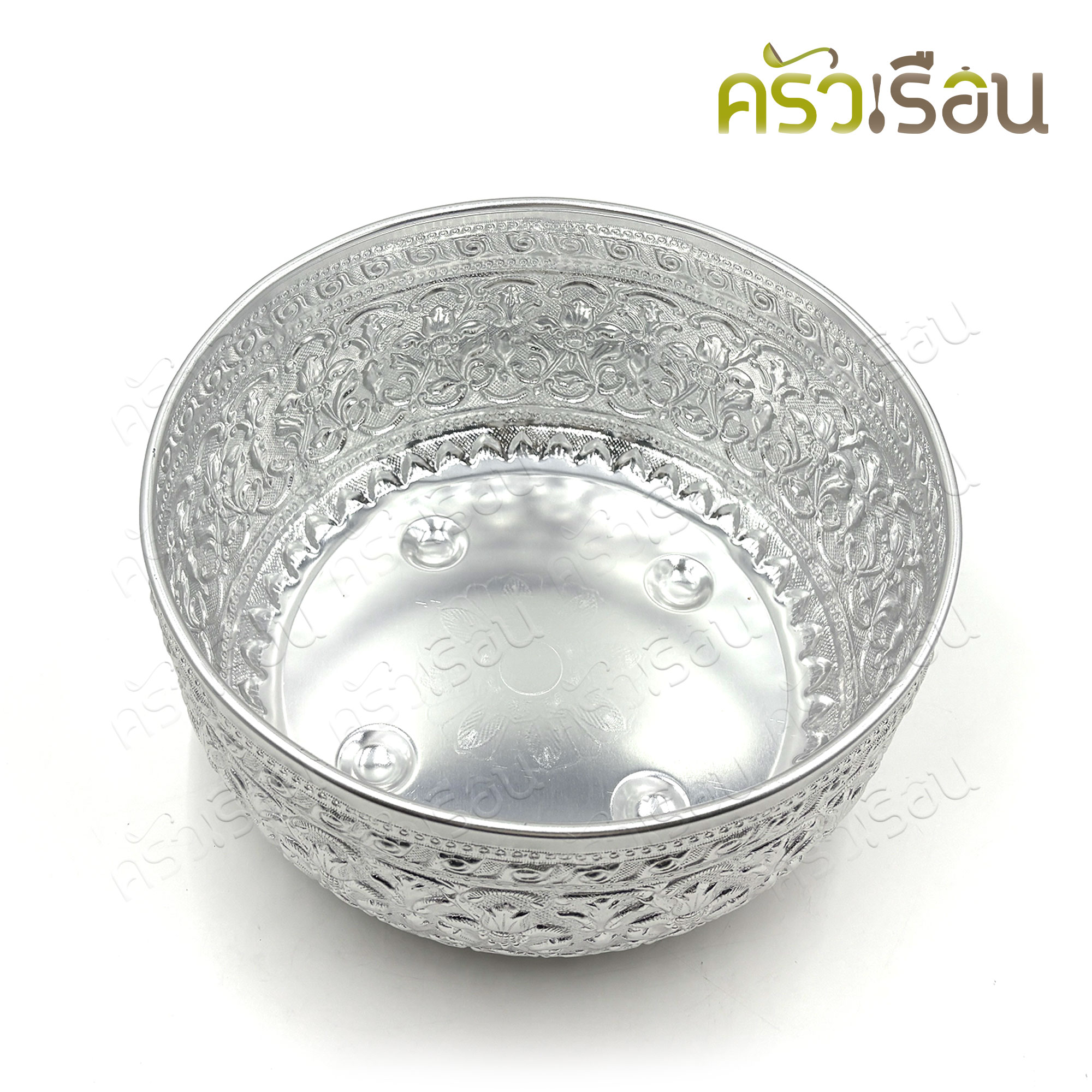 FLOWER BRAND Water bowl, Songkran bowl, aluminum, Thai pattern, silver color, 32 cm, with legs, flower brand