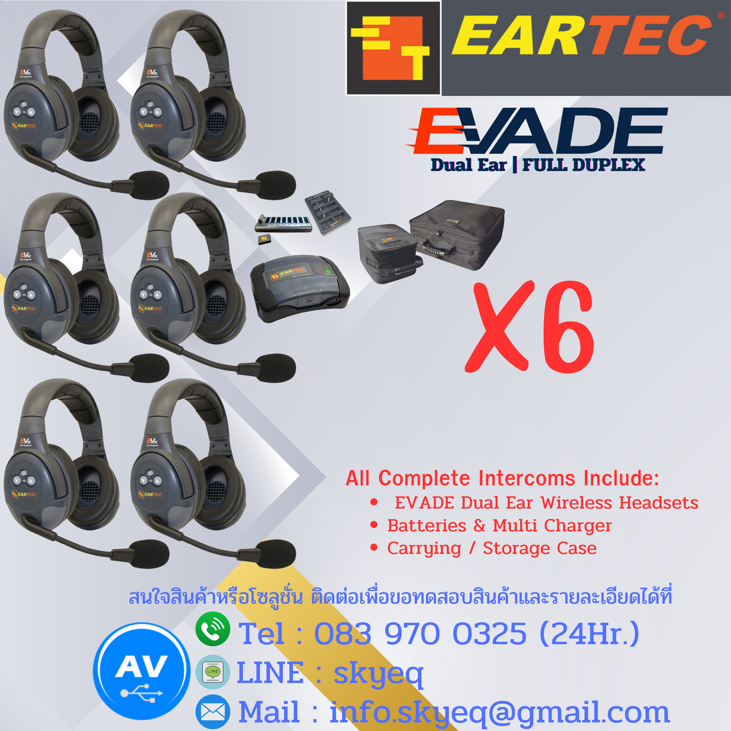 EVADE Double Channel Light Industrial Full Duplex Wireless System Dual Speaker Headsets – EVx6D-CM Four Double EVADE, One C-Mod, Batteries, Charger, Case