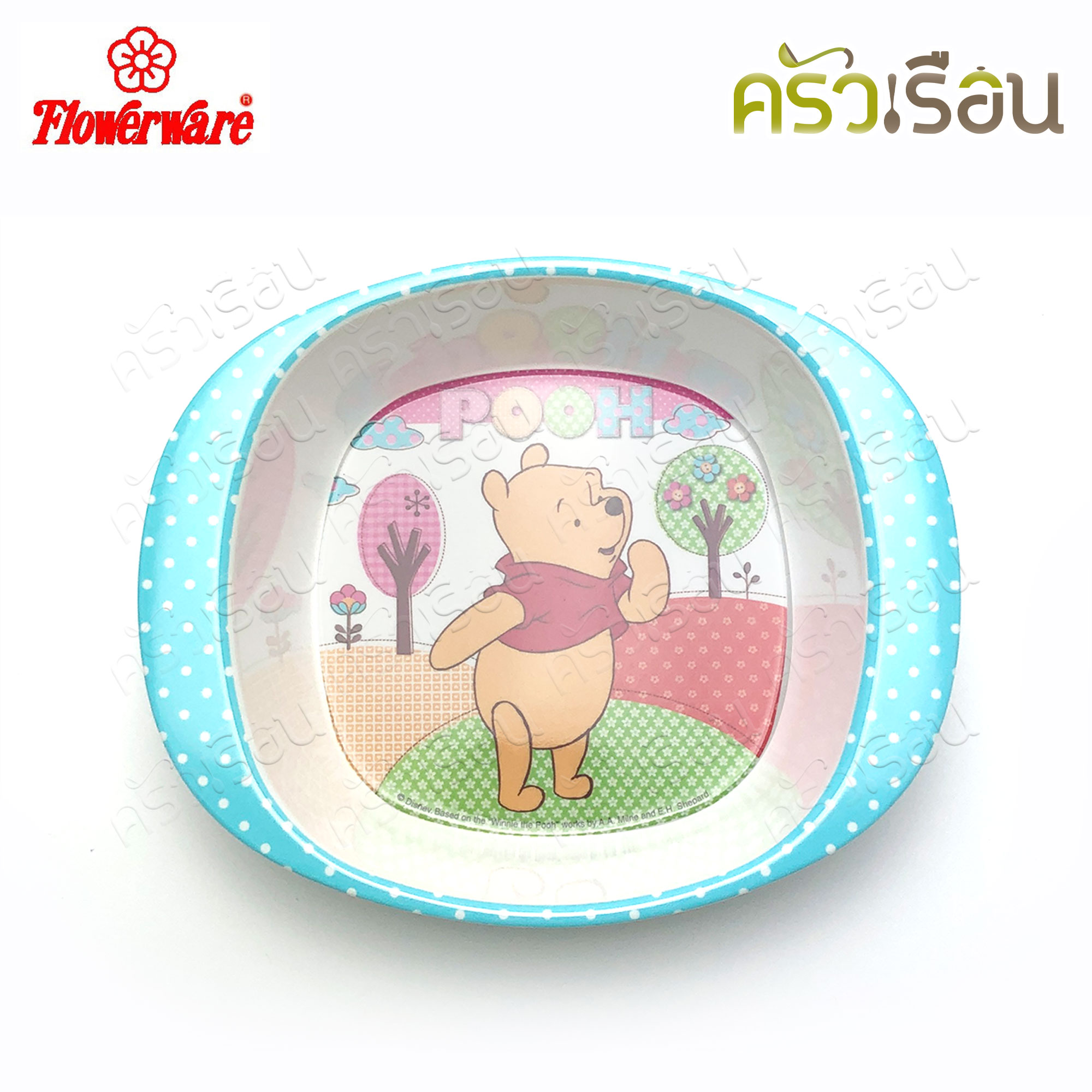 Flowerware ลาย Pooh Blue Spot white หมีพูห์ พูห์ บลู สปอต ไวท์ [ ราคาต่อชิ้น ] ชาม หรือ แก้วน้ำ หรือ ถาดหลุม เมลามีน