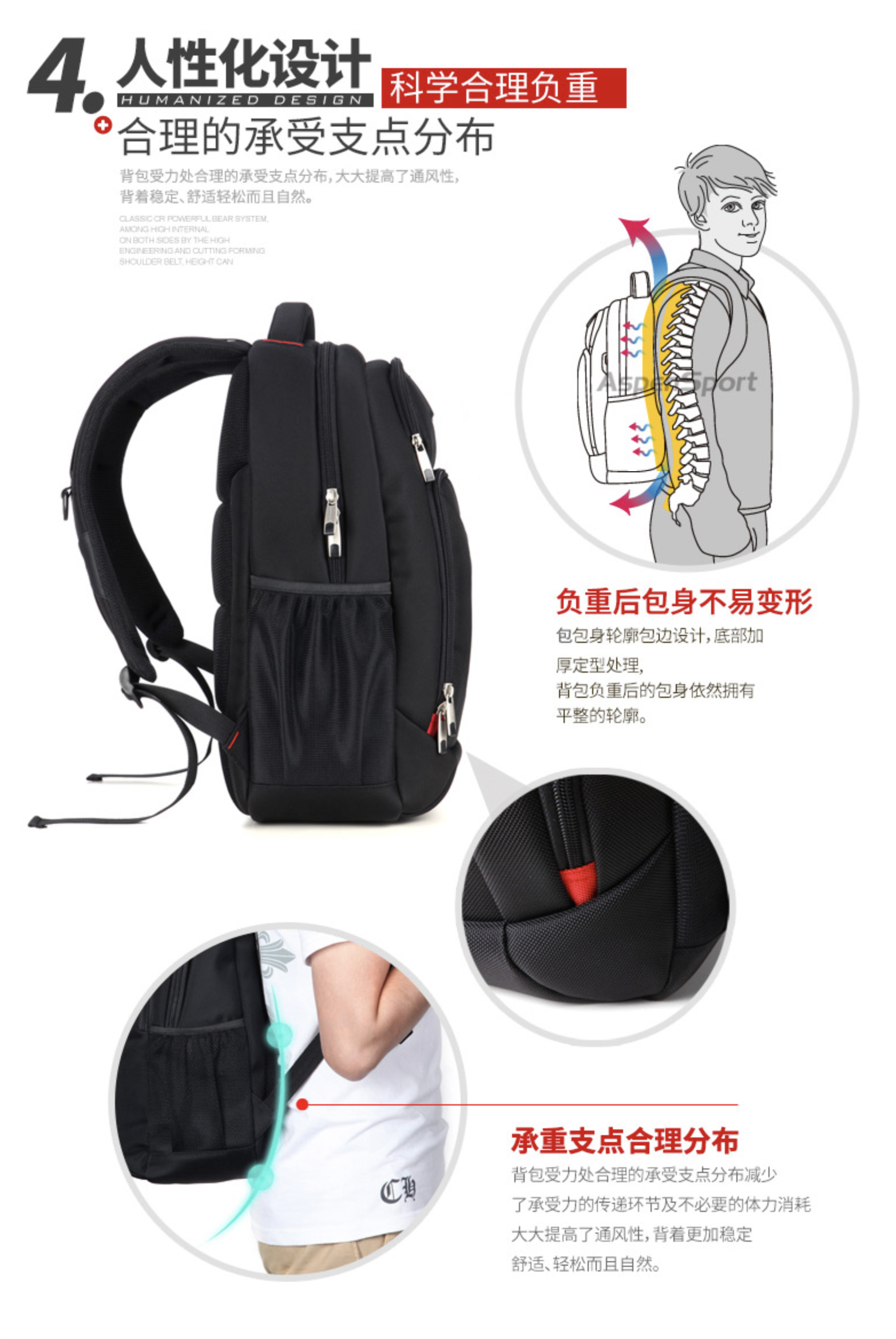 Aspensport กระเป๋าเป้ สะพายหลัง ชาย หญิง Laptop 15-16 นิ้ว รุ่น AS-B22 สีดำ-แดง