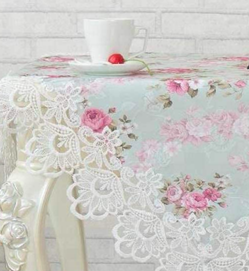 ผ้าปูโต๊ะอาหาร ผ้าปูโต๊ะลายวินเทจ 40x200 cm table runner กุหลาบพาสเทล เขียวอมฟ้า