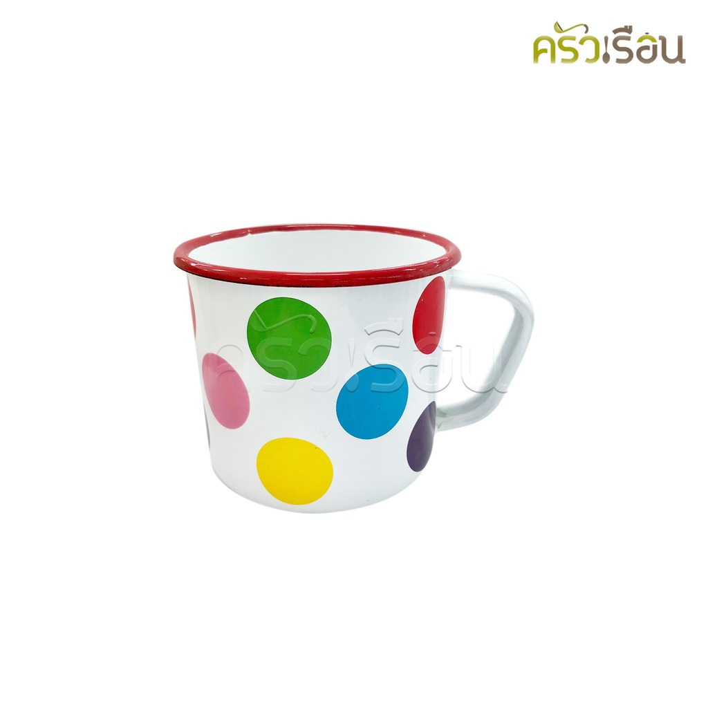 Rabbit Brand แก้วน้ำเคลือบมีหู สีขาวลายจุดสี 11 ซม. ตรากระต่าย