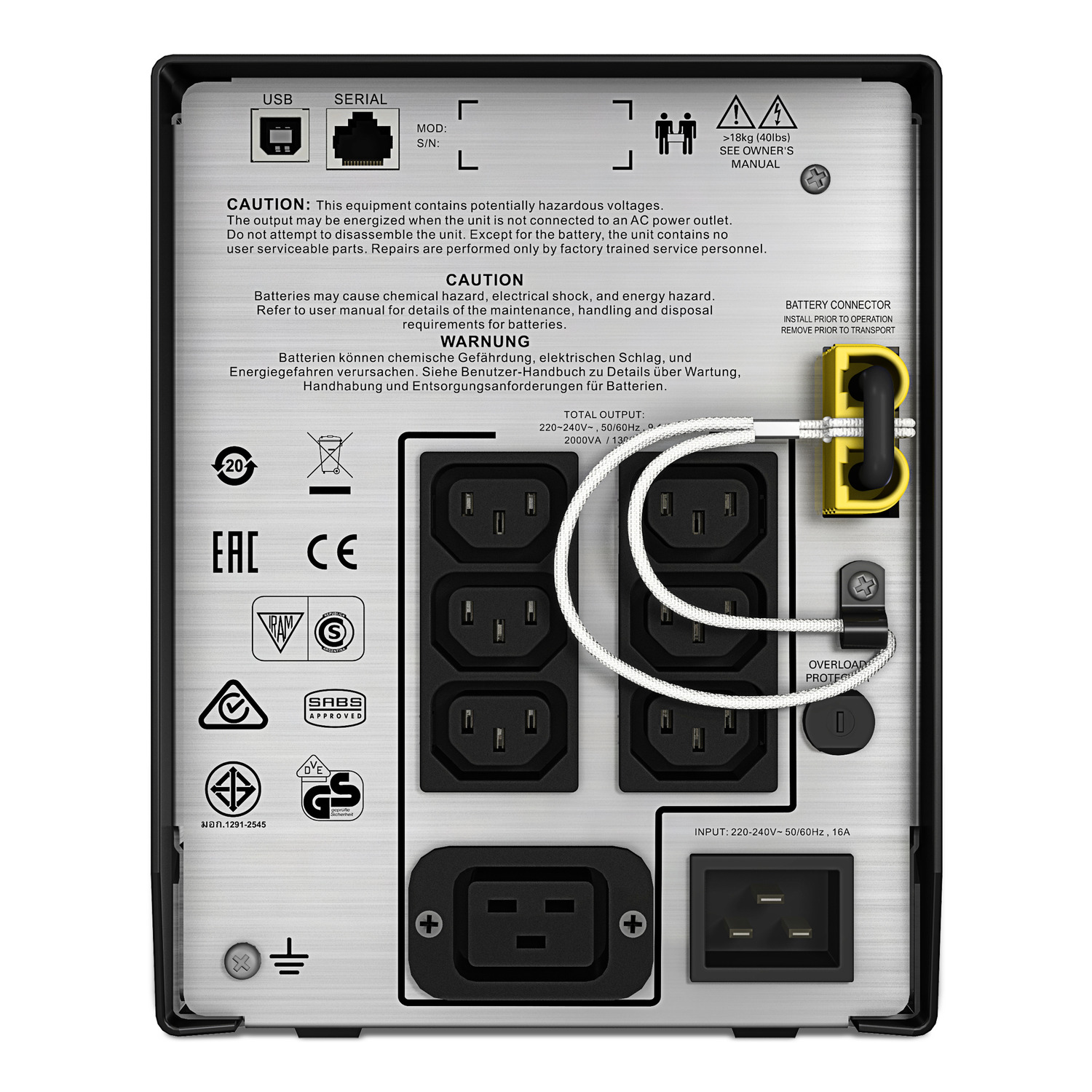 APC Smart-UPS C, Line Interactive, 2000VA, Tower, 230V, 6x IEC C13+1x IEC C19 outlets, USB and Serial communication, AVR, Graphic LCD SMC2000I