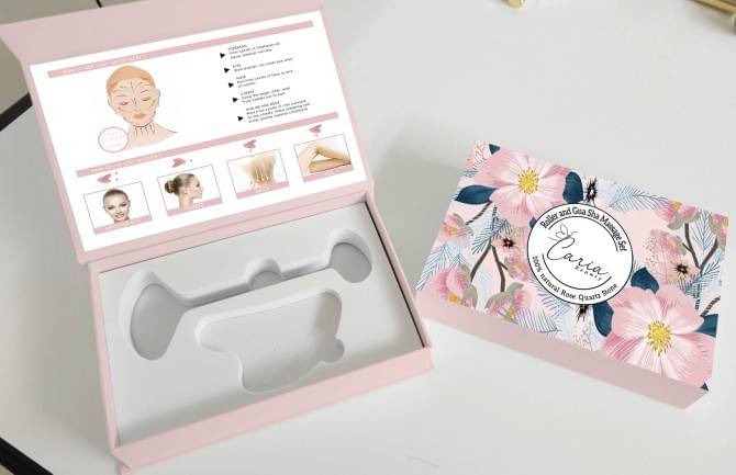 ผลิตตามออร์เดอร์เซทลูกกลิ้ง+กัวซาแผ่น V shape+โลโก้+สลักแบรนด์ (Make to Order Flip Cover Box+Facial Roller+Gua Sha Broad+Logo)