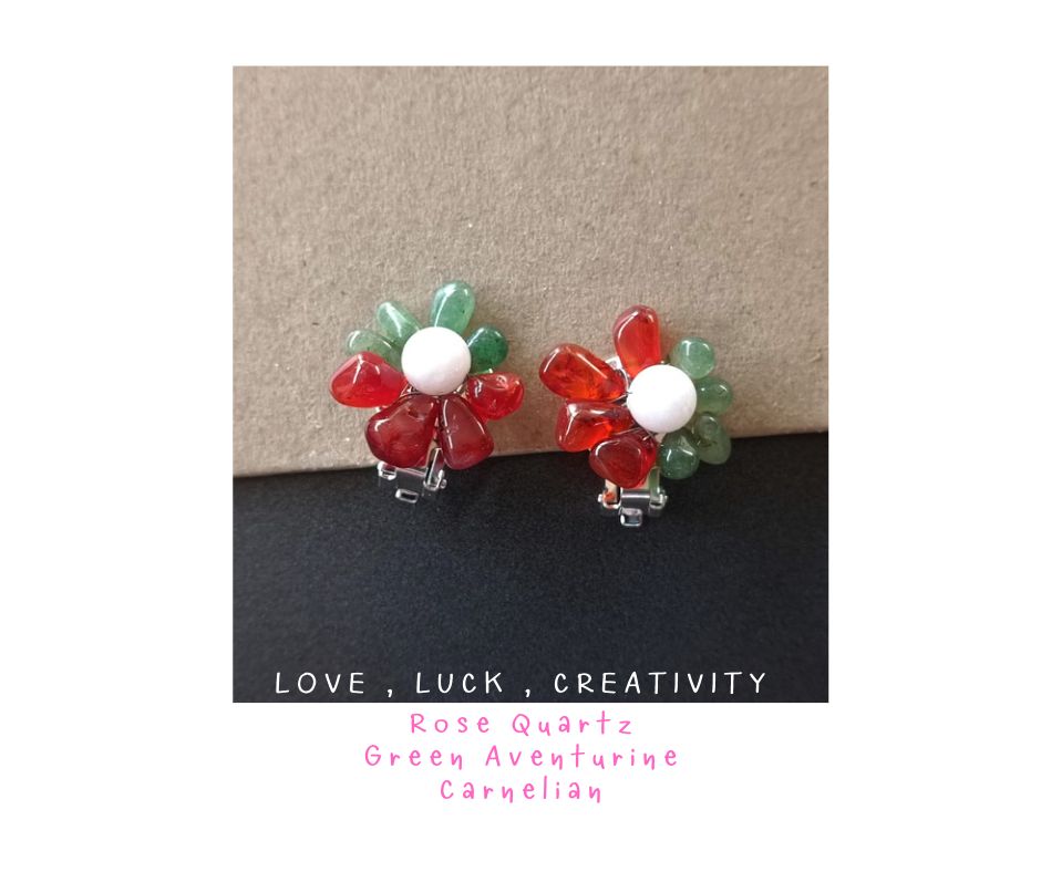 ต่างหูหนีบ (สำหรับคนไม่เจาะหู) ประดับหินแท้ Carnelian + Green Aventurine +Rose Quartz Clip on Earring (Creative Energy)