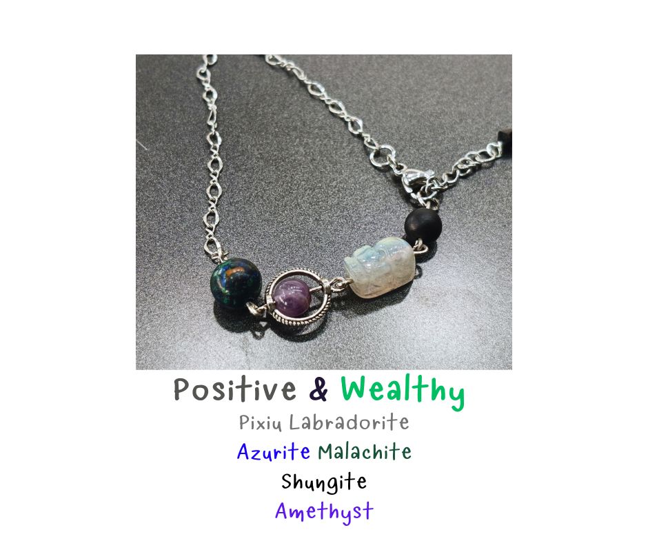 สร้อยข้อมือหินแท้ Labradorite Pixiu + Shungite + Azurite Malachite Bracelet (Good Fortune & Protection)