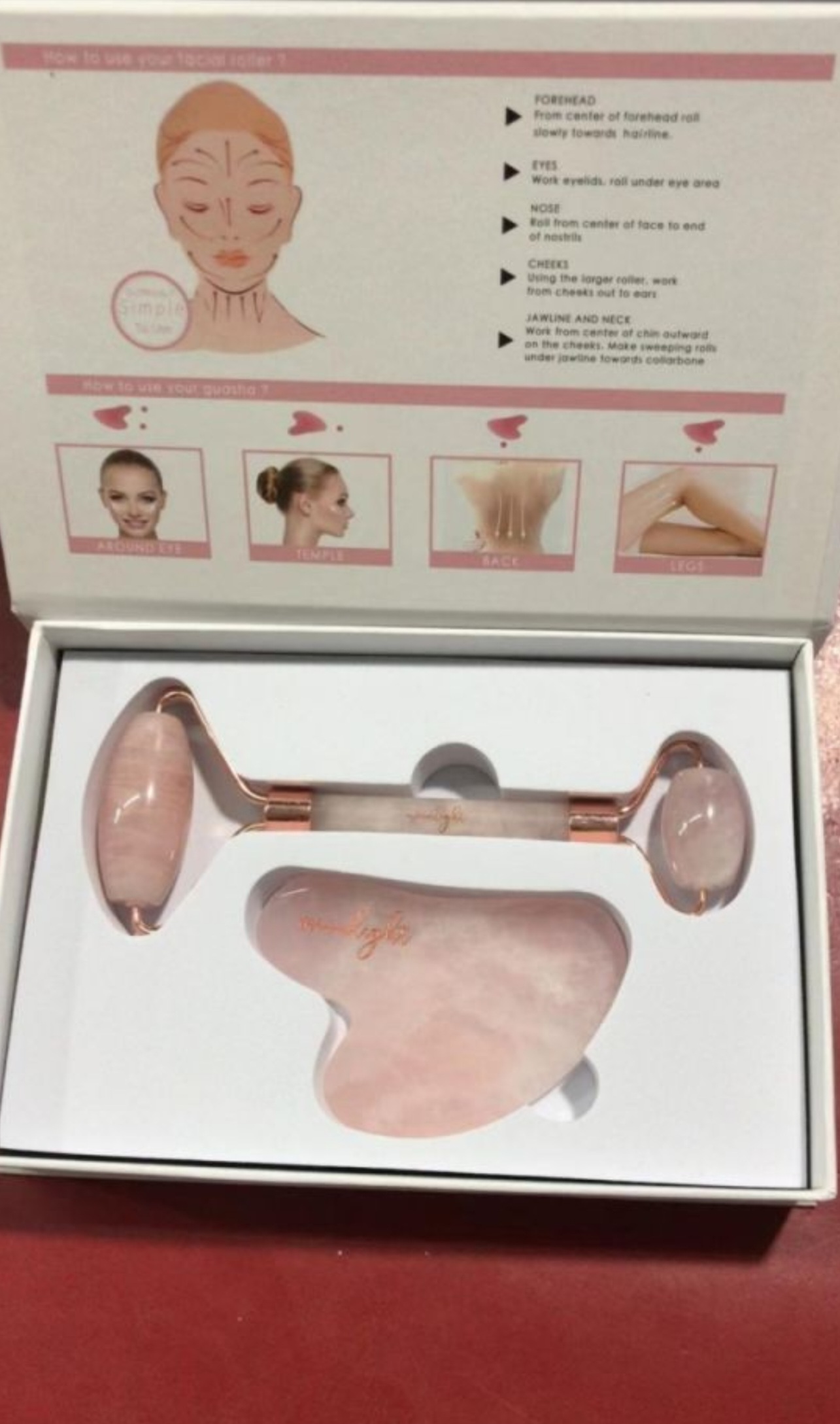 ผลิตตามออร์เดอร์เซทลูกกลิ้ง+กัวซาแผ่น V shape+โลโก้+สลักแบรนด์ (Make to Order Flip Cover Box+Facial Roller+Gua Sha Broad+Logo)