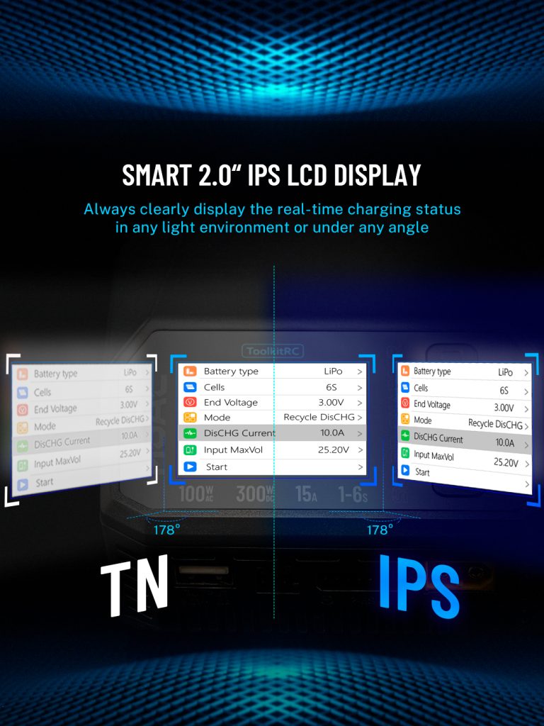 ToolkitRC M6AC 300W 15A Dual Input Multi-function Battery Charger IPS LCD Display For 1-6S Lipo LiHV LiFe, 1-16S NiMH