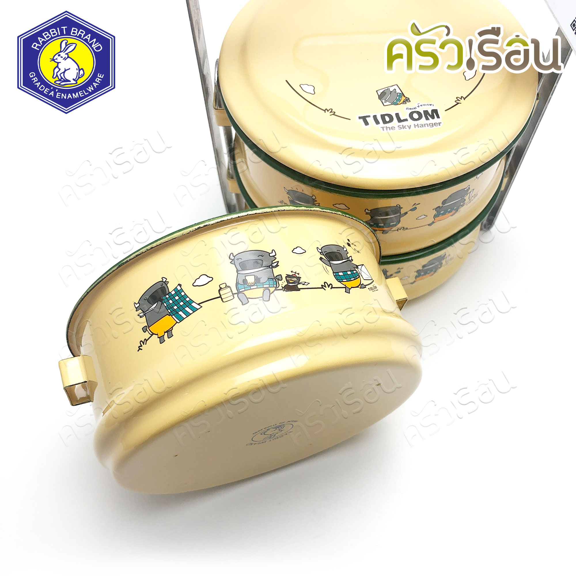 Rabbit Brand ปิ่นโตเคลือบ 14 ซม. 3 ชั้น ลายการ์ตูน ติดลมห้อยเวหา Tidlom The Sky Hanger ปิ่นโตโบราณ ปิ่นโต enamel ตรากระต่าย