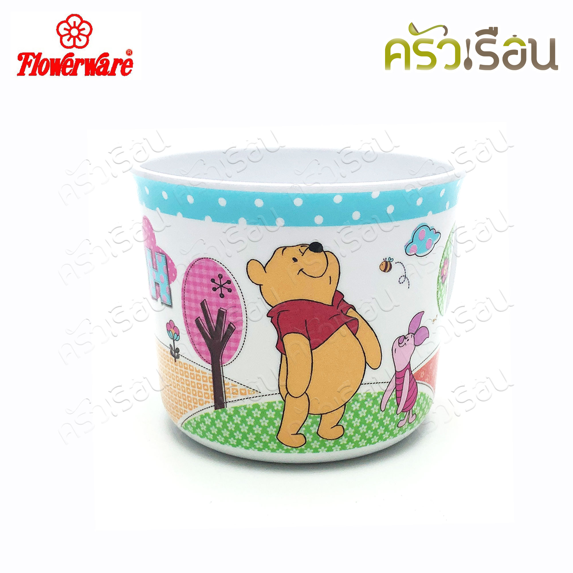 Flowerware ลาย Pooh Blue Spot white หมีพูห์ พูห์ บลู สปอต ไวท์ [ ราคาต่อชิ้น ] ชาม หรือ แก้วน้ำ หรือ ถาดหลุม เมลามีน