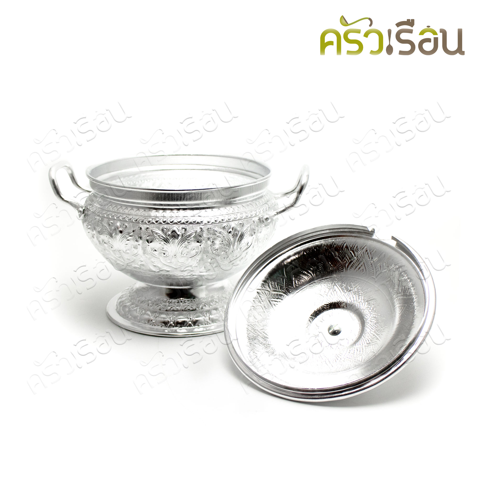 โถข้าว อลูมิเนียม ลายไทย 20 ซม. แถม ทัพพี ลายไทย - สีเงิน