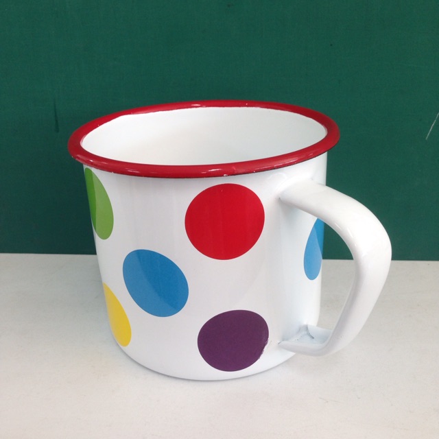 Rabbit Brand แก้วน้ำเคลือบมีหู สีขาวลายจุดสี 11 ซม. ตรากระต่าย